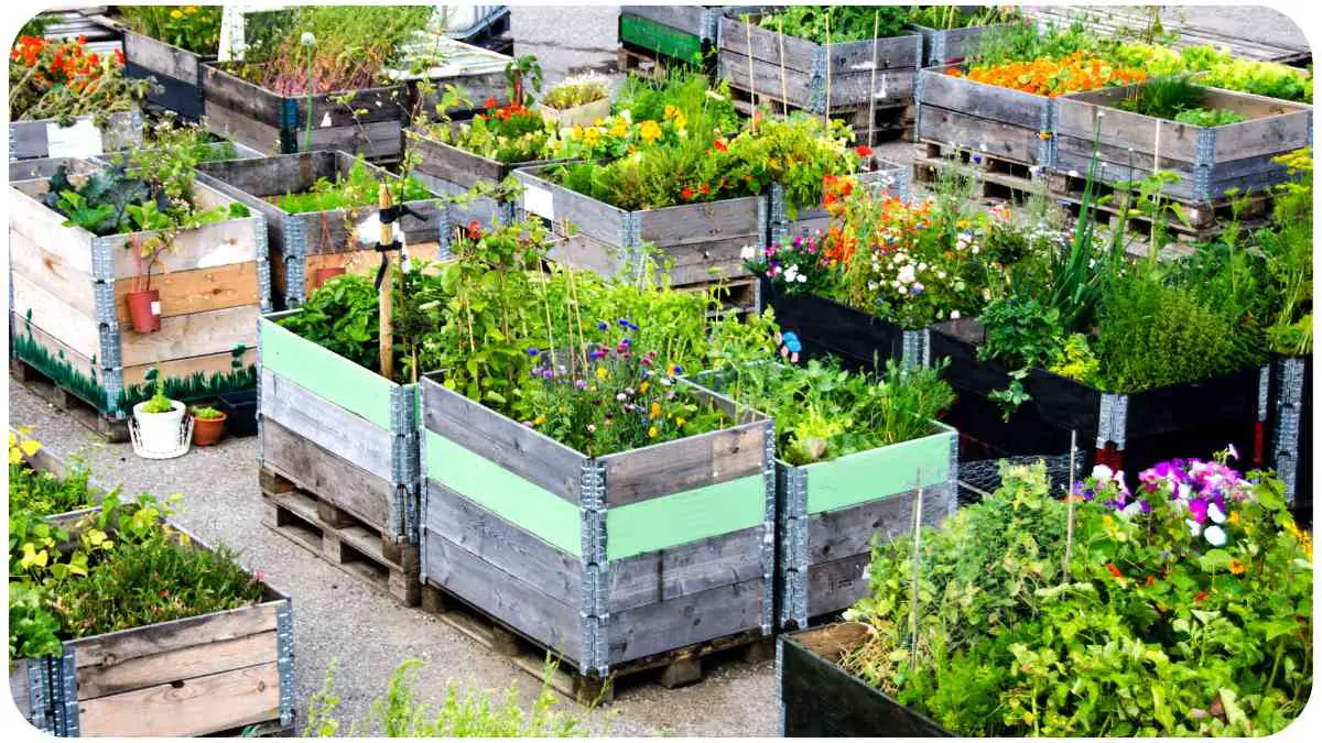 many different types of plants are growing in wooden crates