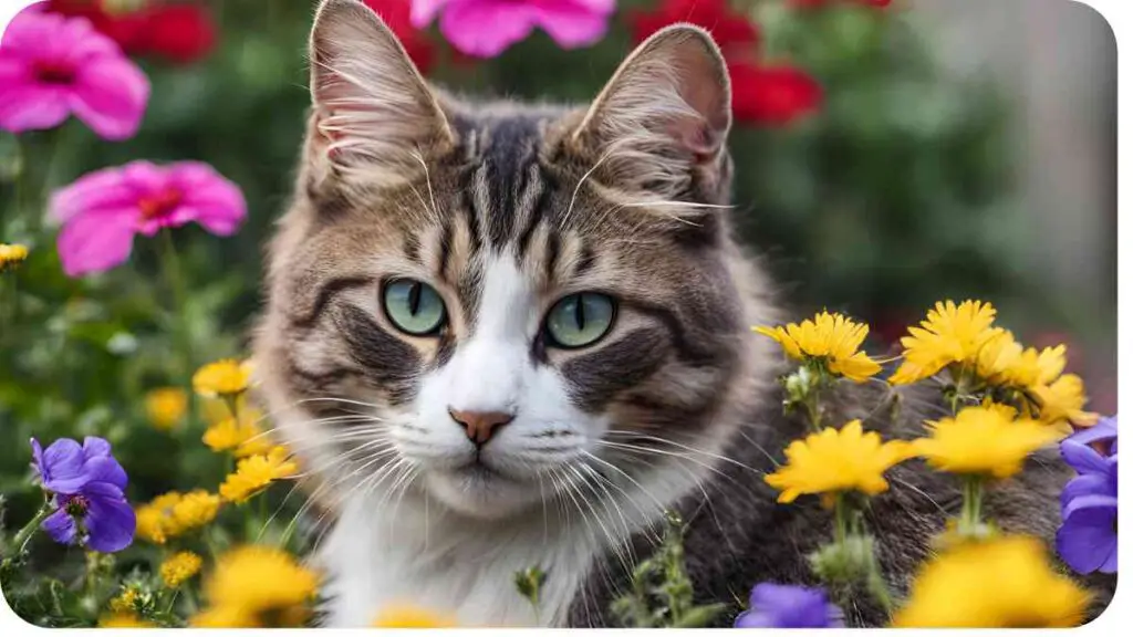 a cat is sitting in a field of flowers