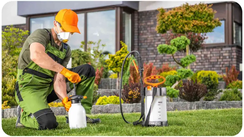a person in green overalls spraying a lawn with a lawn mower