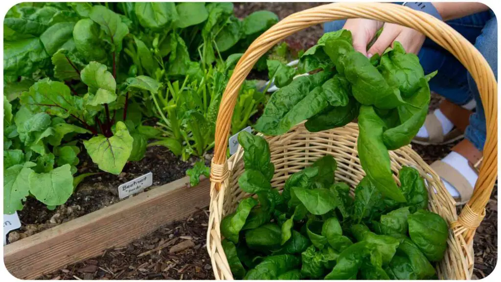 a person is holding a basket full of spinach in the garden