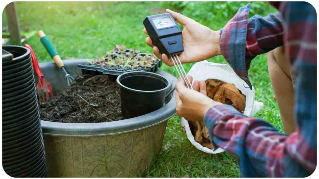 a person is using a digital thermometer to check the temperature of soil in a bucket