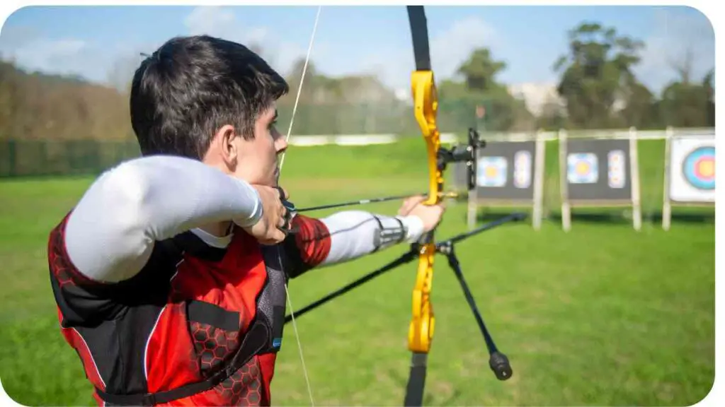 a person is aiming at a target with an archery bow