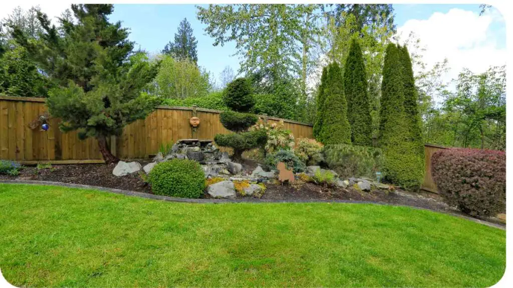 a lawn with trees and bushes in the foreground and a wooden fence in the background