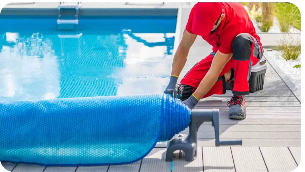 a person in a red shirt working on a pool