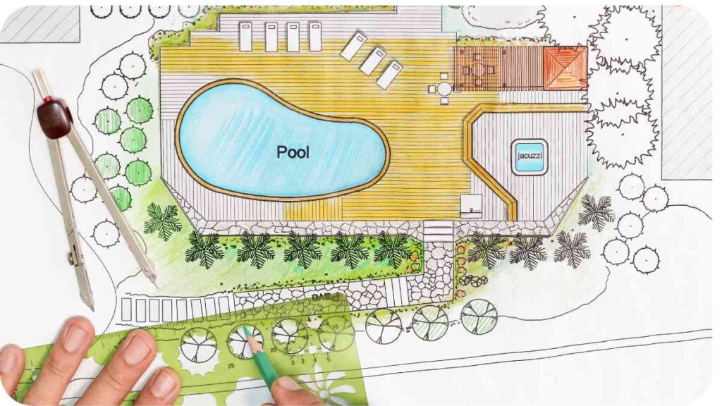 a drawing of a swimming pool with landscaping around it
