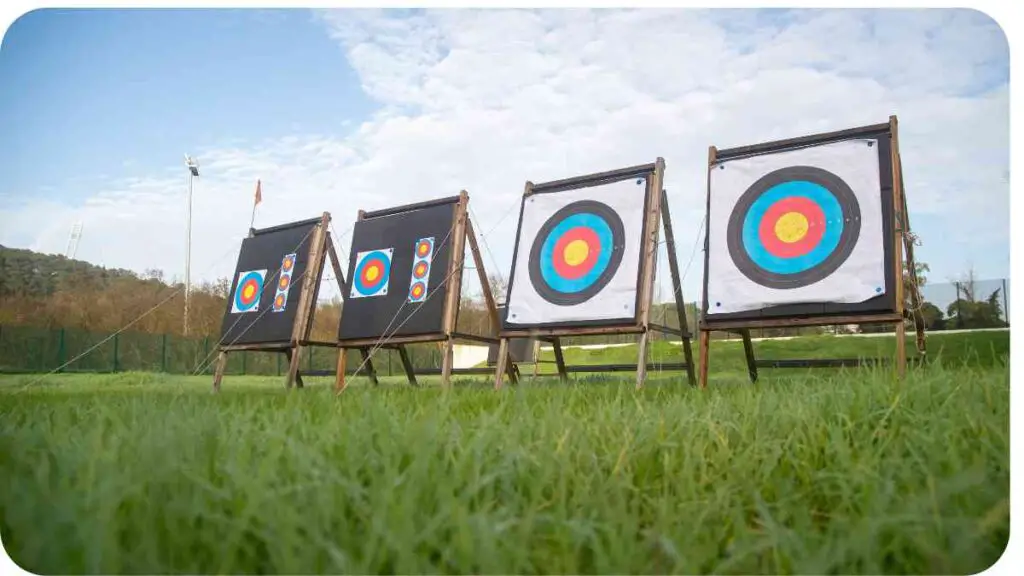 a group of archery targets on a green field