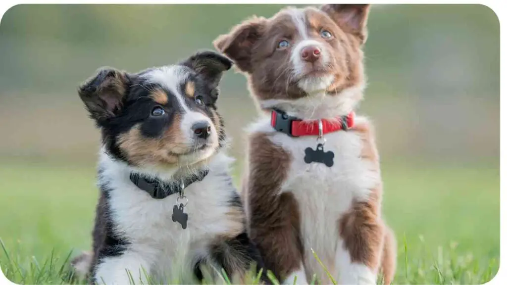 two puppies sitting in the grass