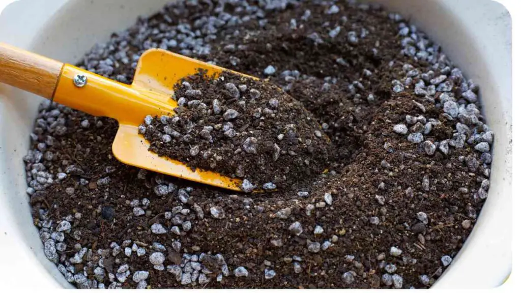 a scoop of soil in a bowl with a wooden spoon