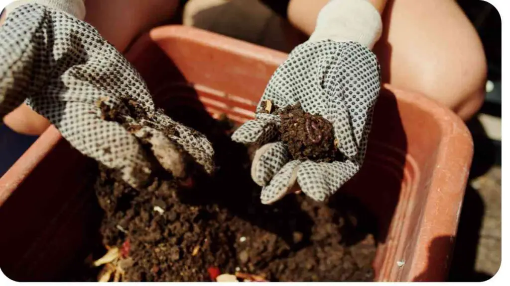 a person wearing gloves is holding soil in a container