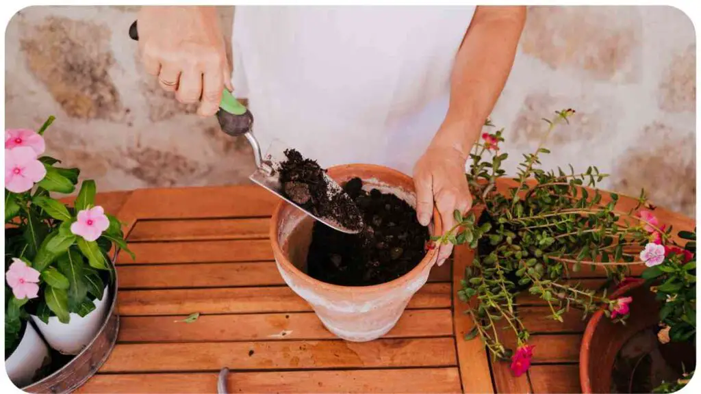 a person is using a shovel to dig dirt out of a potted plant