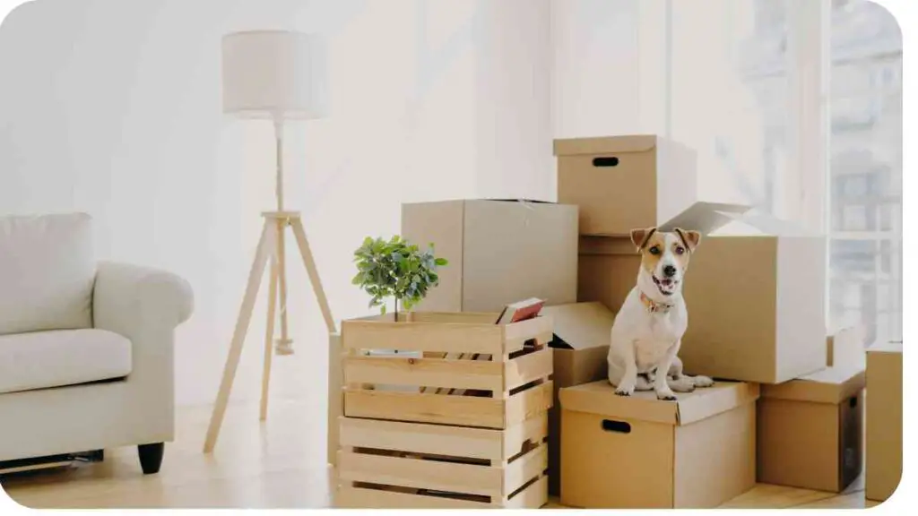 a dog sitting on top of boxes in a living room