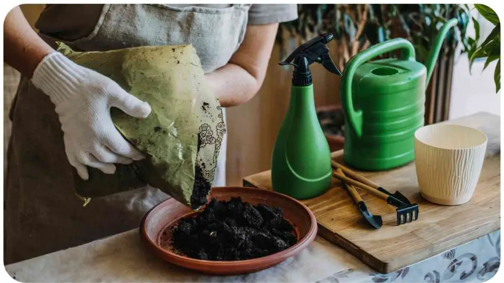 a person in an apron is pouring soil into a bowl