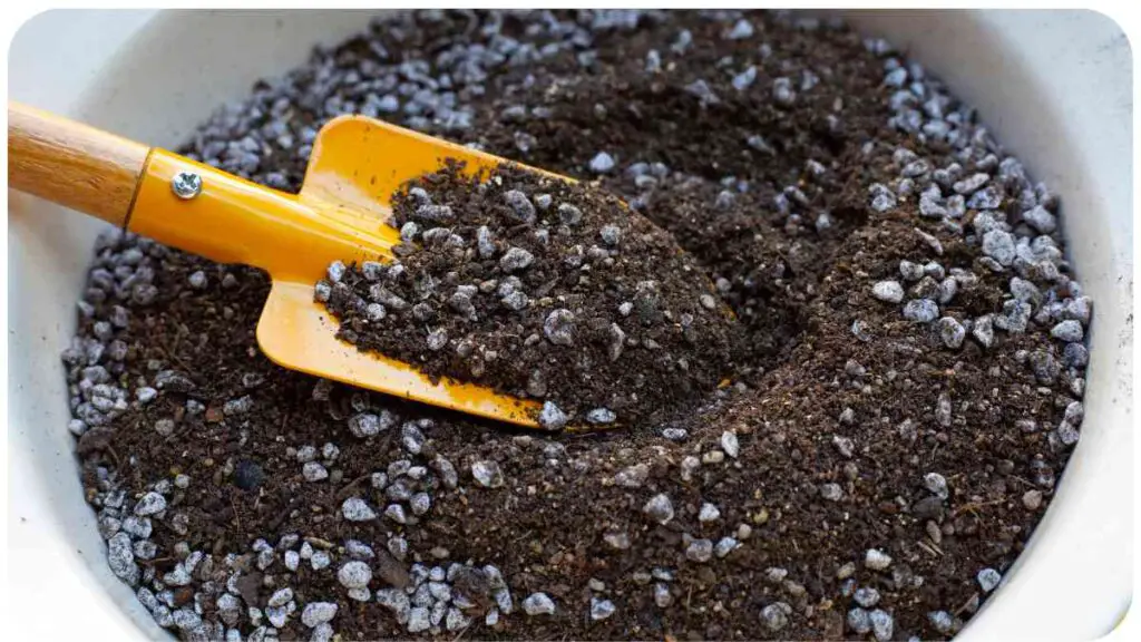 a scoop of soil in a bowl with a wooden spoon